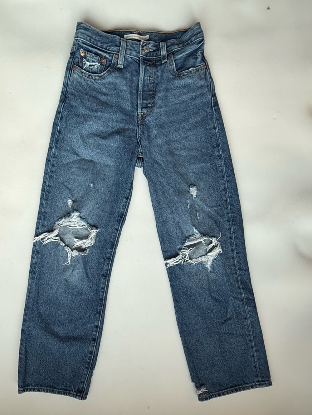 LEVI'S Ribcage Straight Ankle Distressed Button-Fly Denim Jeans Women's Size 25